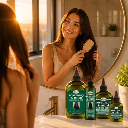 Rosemary Mint Scalp Oil bottles on a bathroom counter