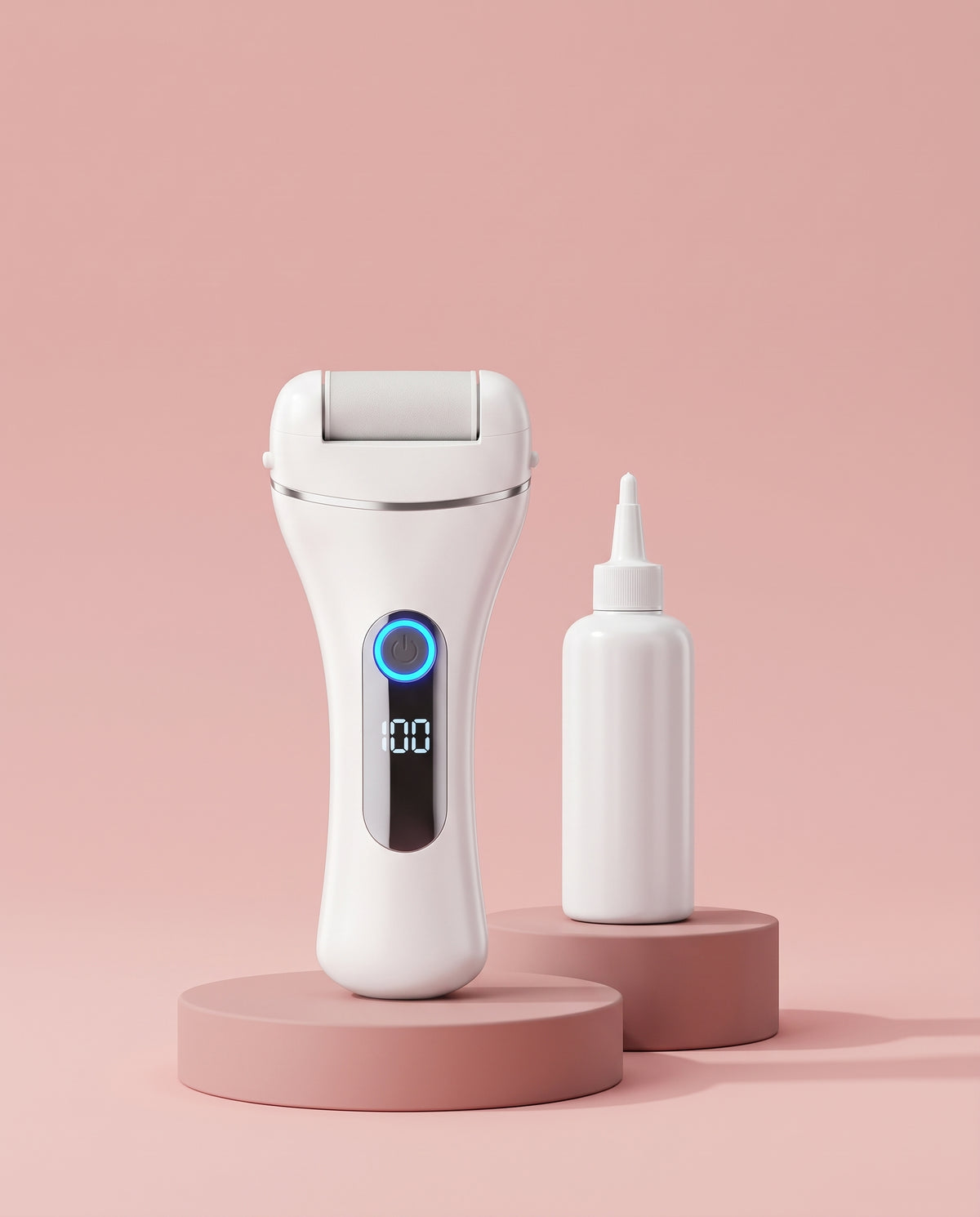 Solvea electric callus remover and softening gel on blush pink podiums